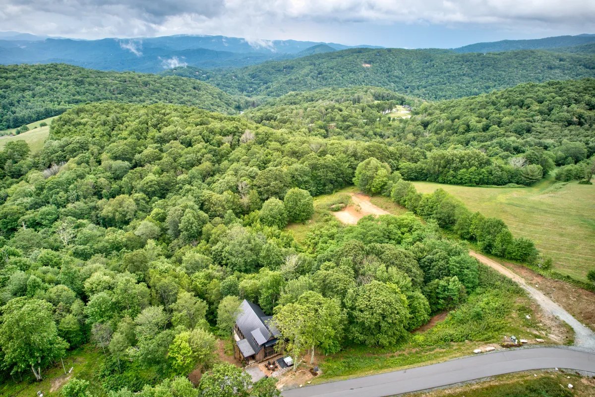 A wide-angle view of the house nestled among lush green trees with a dramatic mountain backdrop. The architecture blends into the peaceful landscape, showcasing both the home and its inspiring natural surroundings.